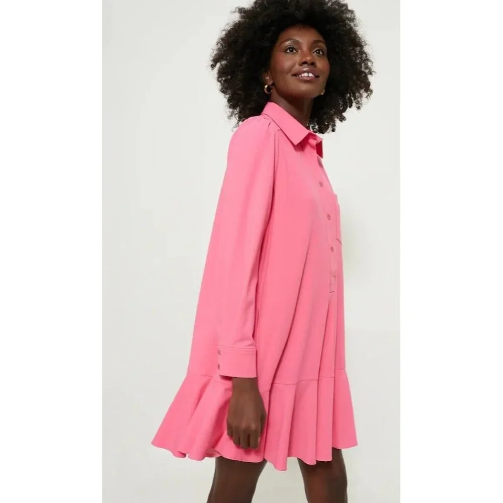 NWT Tuckernuck Hot Pink Crepe Callahan Shirt Dress Size L Lightweight Crepe - Picture 3 of 7